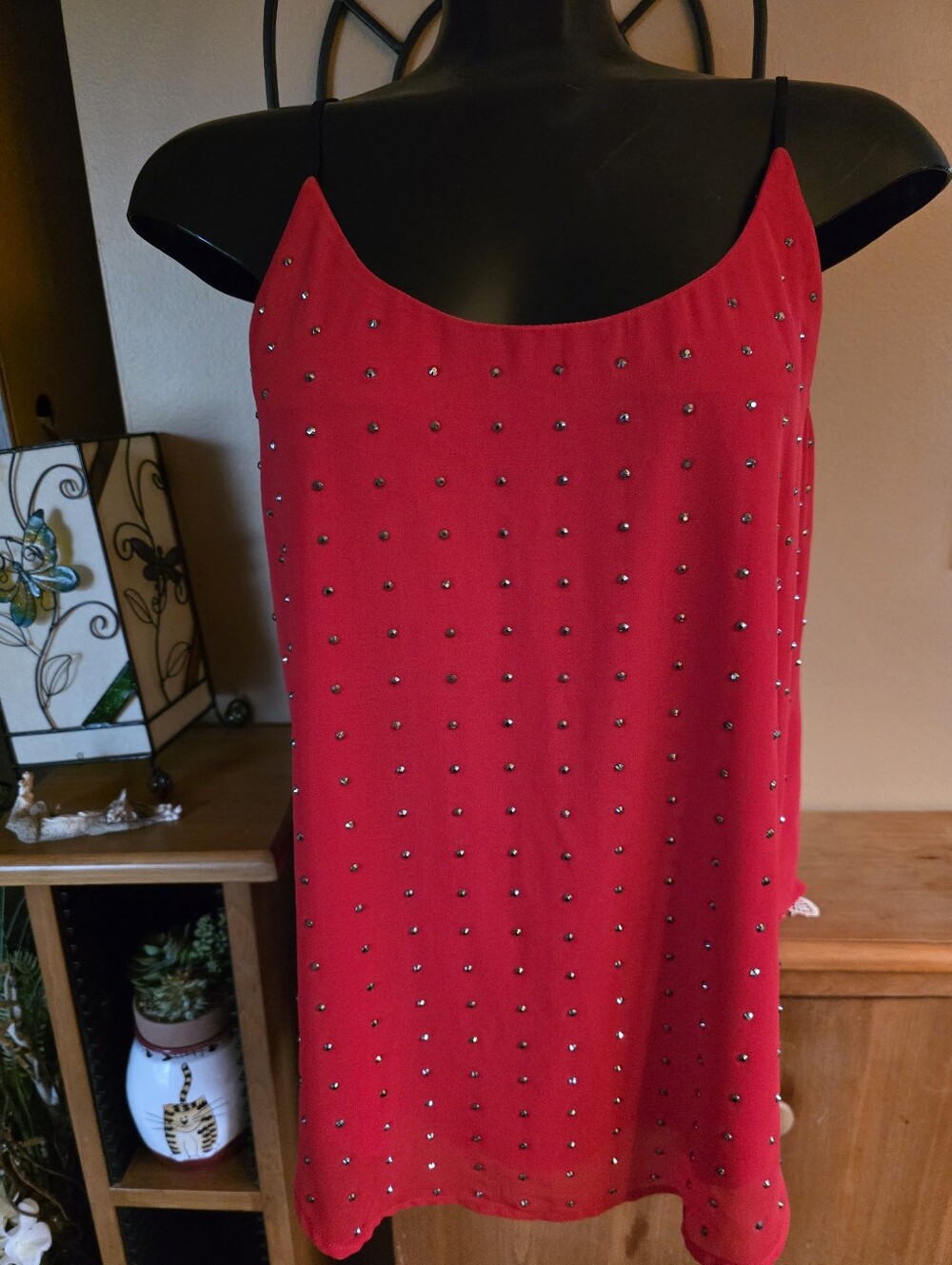 Red Embellished Studded Spaghetti-Strap Lined Flowy Top